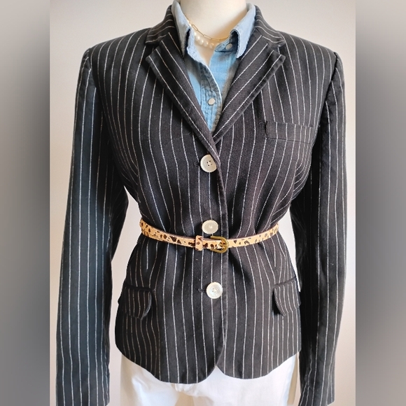 American Living Ralph Lauren Linen Cotton Blazer Black White Stripe Size 14 - Picture 11 of 16